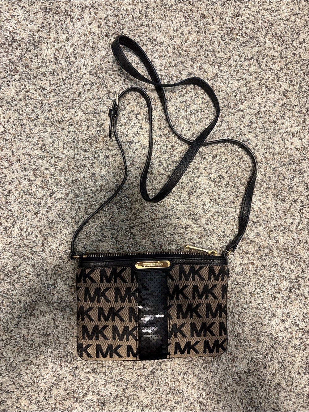 Michael Kors Brown MK Logo Crossbody with Black Sequin Stripe